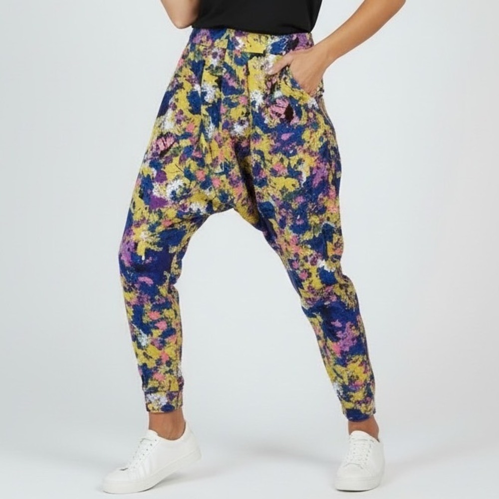 Vintage Aoyama Itchome Floral Print Harem Pants Yellow Blue‎ Abstract 80s Boho L